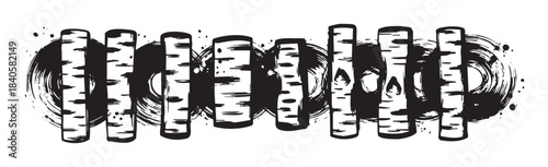 Creative illustration featuring abstract birch tree trunks interspersed with vintage vinyl records, rendered in a bold black and white brushstroke style.
