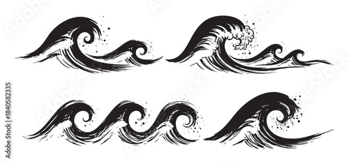 Stylized ocean waves depicted in a traditional Japanese ink art style, showcasing the dynamic power and beauty of the sea with elegant brushstrokes.