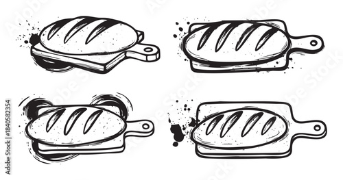 Four hand drawn bread loaves on cutting boards with a rustic ink splatter effect, perfect for bakery menus or food-related designs.