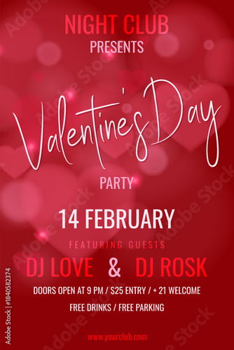 A vibrant Valentine's Day party poster featuring softly blurred hearts