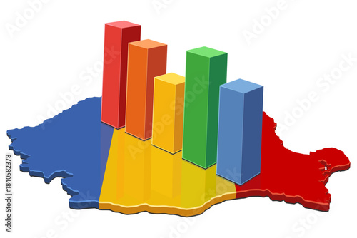 Romania map (flag colors) with multicolored rising bar charts. Concept for economic growth, statistics, data, or market analysis in Europe. (cut out)