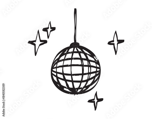minimal disco ball line icon suspended, airy hand sketch with small star accents and dry texture, whimsical celebratory mood perfect for sticker, greeting, social post or invitation