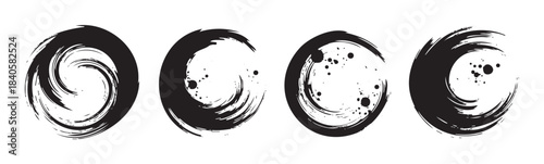 Black circular brush strokes create a versatile and modern collection of abstract ink elements, perfect for various graphic design applications.