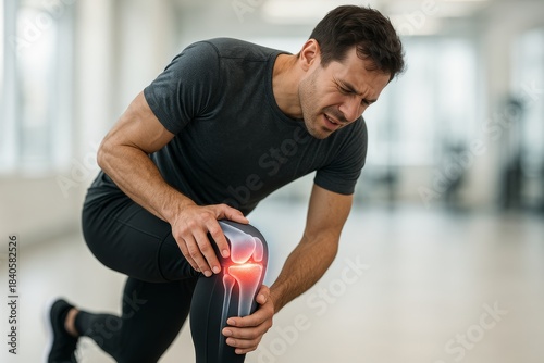 Sport runner halting movement from knee arthritis pain with diagnostic X-ray projection highlighting cartilage damage and inflammation creating clean clinical scene suited orthopedic, training themes