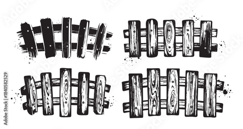 Four distinct wooden fences are depicted in a hand-drawn, rustic, and grunge-style illustration, showcasing various textures and designs suitable for decorative elements.
