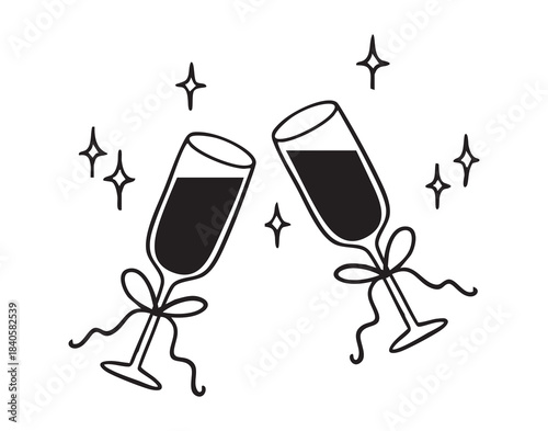 Two wine glasses clinking, luxury anniversary ribbons tied at stems, shimmering stars surrounding glasses, refined celebratory mood for upscale events, ideal for packaging, branding, and elegant