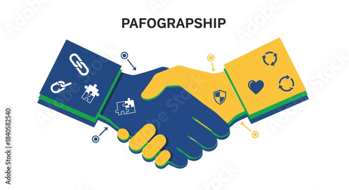 Two hands shaking in a partnership agreement with various icons.