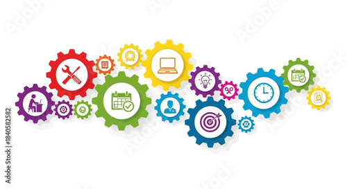 Colorful Gears with Icons Representing Business Concepts and Workflow.