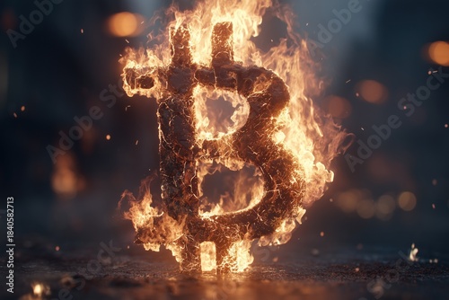 Burning Bitcoin Cryptocurrency on Dark Background