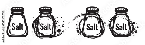 Four stylized salt shakers with grunge texture and ink splash effects, representing seasoning and flavor in a kitchen or restaurant setting.