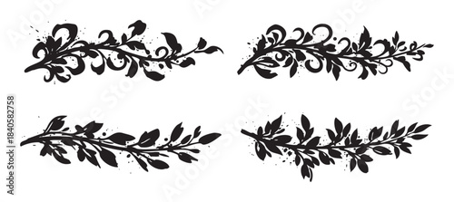 Elegant botanical dividers vector set displays various natural foliage elements with a textured finish, perfect for decorative design.