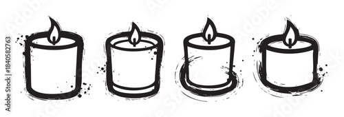 Four stylized candles with flickering flames are depicted in a hand-drawn brushstroke style, conveying warmth and a cozy atmosphere.