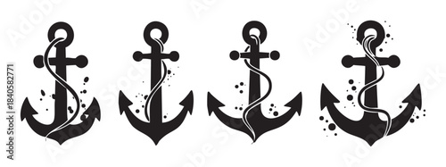 Four black nautical anchors with ropes and distressed texture are presented as a set of maritime symbols for design elements and decoration.