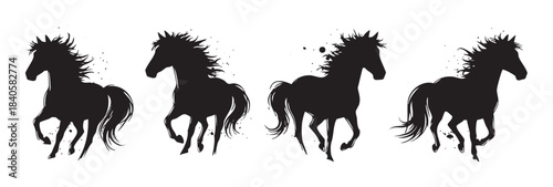 Four running horse silhouettes with dynamic ink splatters illustrate a powerful, energetic, and artistic equestrian theme, showcasing freedom and movement.