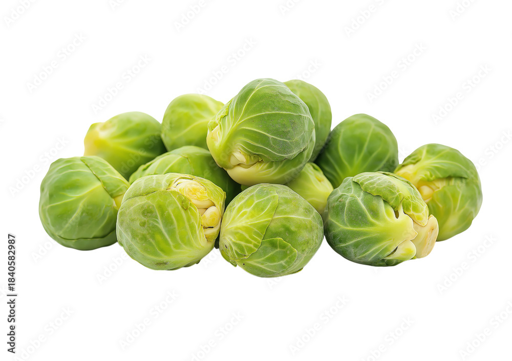 Fototapeta premium A pile of fresh green Brussels sprouts with visible layers of leaves and pale yellow centers isolated on a transparent background