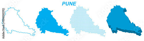 Pune Map Vector Set, India Outline Silhouette Dotted 3D Solid Shapes, Pune City Infographic Template, Editable EPS Pune Geography