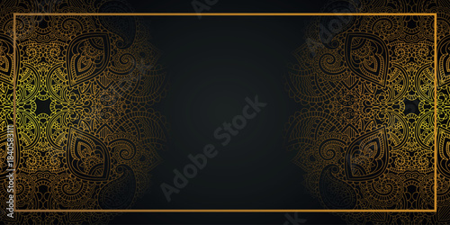 Golden mandalas banner with black background and decorative elements and gold frame