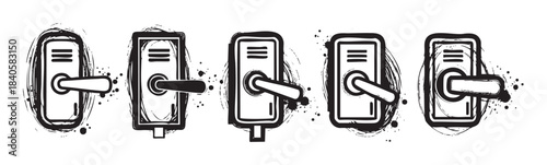 Five stylized door handles and levers are depicted in a grungy, hand-drawn black and white illustration, showcasing various angles and designs.