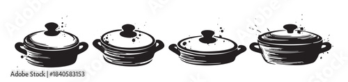 Four stylized black and white cooking pots with lids in a row, featuring a rustic hand-drawn ink splatter design, perfect for culinary themes.