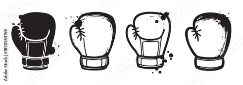 Boxing gloves vector illustration set featuring various grunge and ink splatter styles, perfect for sports, fitness, and combat themes.