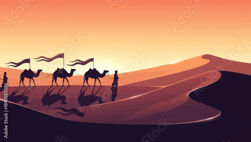 Silhouette of a camel caravan traveling across a desert landscape with a vibrant orange and yellow sunset in the background.