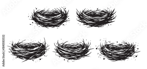 Five empty bird nests are depicted in a stylized hand-drawn ink sketch style with artistic grunge splatters, symbolizing nature and new beginnings.