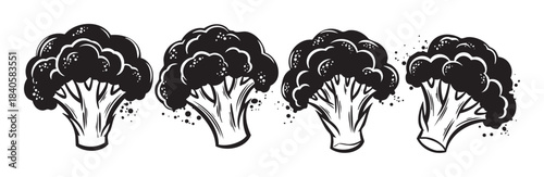 Broccoli florets are depicted in a bold, graphic black and white illustration style, emphasizing healthy eating and fresh vegetables.