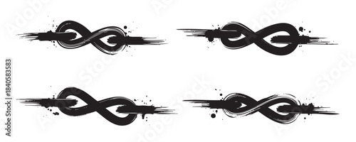 Infinity symbol brush stroke grunge style artistic design elements set with textured ink splatters creating a dynamic and expressive graphic illustration.