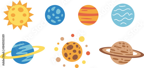 Colorful solar system illustration with planets and sun, educational astronomy vector design, outer space exploration concept, cosmic science learning art