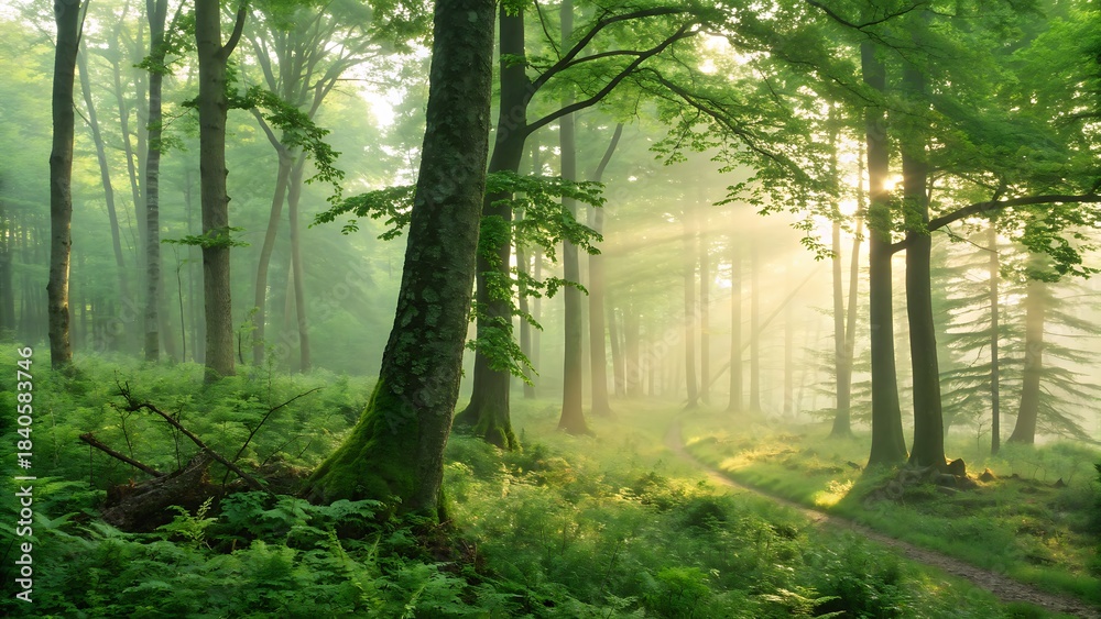 Fototapeta premium Misty morning sunbeams shining through the dense green forest canopy onto the lush undergrowth and trees