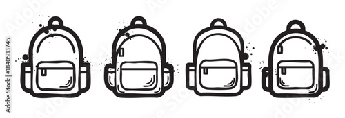 Four black and white stylized backpacks with grunge elements are lined up in a row, representing education, travel, and adventure.