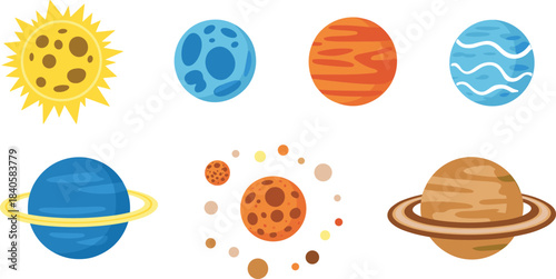 Colorful solar system illustration with planets and sun, educational astronomy vector design, outer space exploration concept, cosmic science learning art