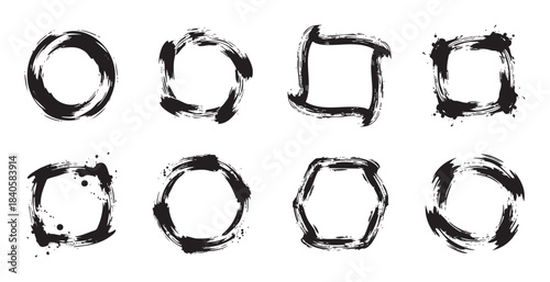 Black brushstroke frames and abstract ink shapes create a versatile design element with a grunge texture and artistic, hand-drawn style.