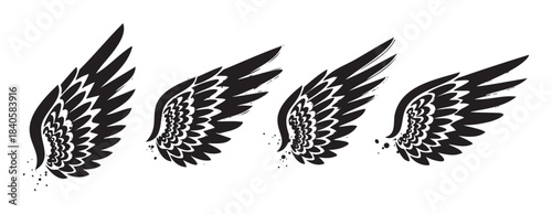 Four stylized black wings with a rough, hand-drawn aesthetic and ink splatters are arranged horizontally, creating a dynamic graphic element.