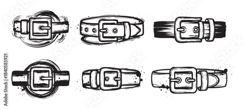 Six grunge style belts and buckles collection with distressed ink textures, perfect for fashion, punk, or vintage design elements.