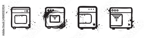 Kitchen appliance grunge style icons featuring various home machines with a textured, hand-drawn aesthetic, perfect for modern design projects.