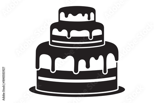 Stylized black silhouette of a tiered celebration cake with dripping chocolate frosting isolated on white background
