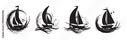 Four artistic sailboats sailing on abstract ocean waves, rendered in a dynamic black ink brushstroke style, evoking a sense of adventure and freedom.