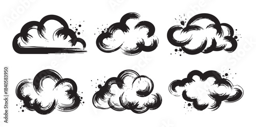 Six stylized brushstroke clouds with an artistic grunge texture, perfect for weather icons, graphic design elements, or creative abstract concepts.