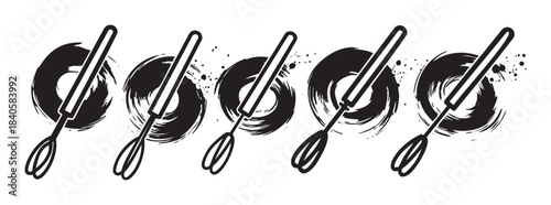 Kitchen whisks with artistic brush strokes and splatters creating a dynamic, modern, and culinary-themed graphic design element in black and white.