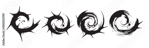 Four spiky brushstroke spirals create a dynamic and edgy design element with a grunge aesthetic, perfect for various creative projects.