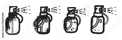 Spray bottles illustration set featuring various liquid dispensing actions with a textured, hand-drawn aesthetic for diverse design projects.