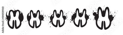 Stylized black ink splattered shapes with a distressed grunge aesthetic are arranged in a dynamic horizontal row, forming a unique pattern.