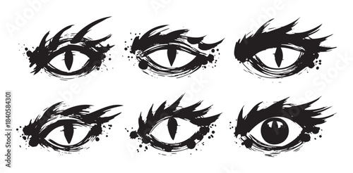 Stylized eyes in a grunge brushstroke style feature sharp, intense pupils and spiky lashes, creating a fierce and mystical graphic illustration.