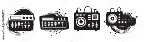 Audio mixers and sound equipment vector illustrations featuring a collection of stylized electronic devices with artistic grunge ink splatter effects.