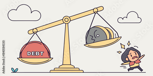 Financial scale imbalance with heavy debt weighing down woman