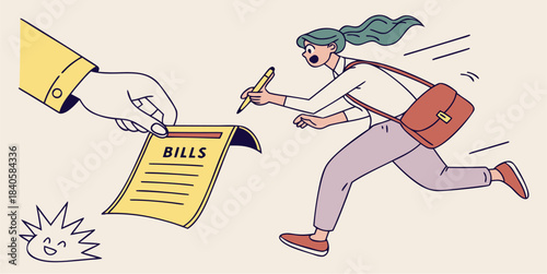 Stressed woman running away from hand holding overdue bill payment