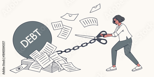 Woman cutting chain of debt ball with giant scissors