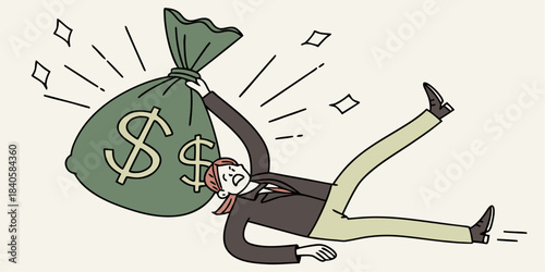 Woman crushed under the weight of giant dollar money bag