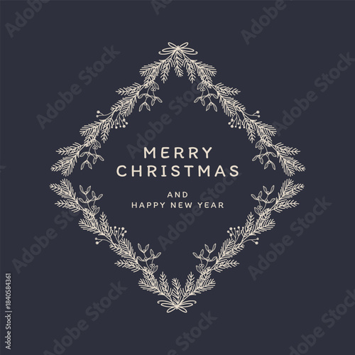 Christmas frame with fir branches, berries, leaves, mistletoe. Winter floral decor. Vector illustration hand-drawn in line art